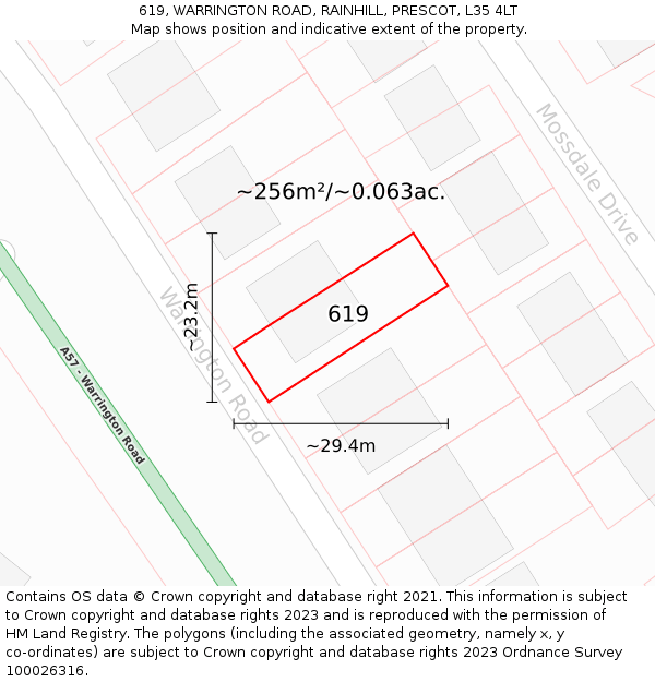 619, WARRINGTON ROAD, RAINHILL, PRESCOT, L35 4LT: Plot and title map