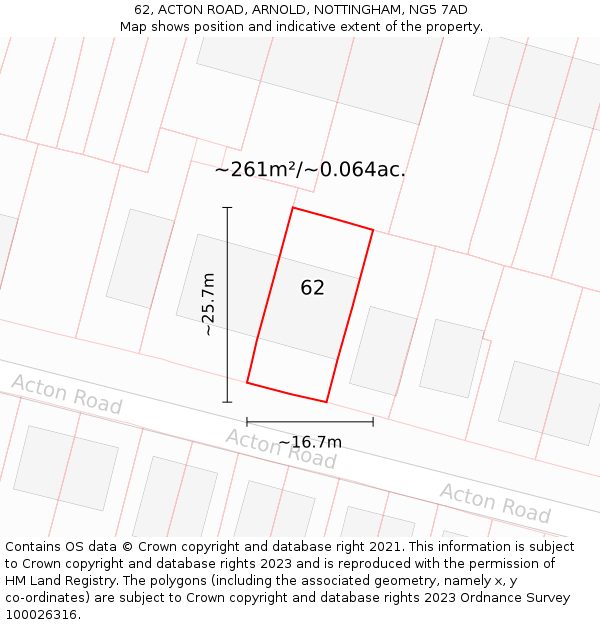 62, ACTON ROAD, ARNOLD, NOTTINGHAM, NG5 7AD: Plot and title map