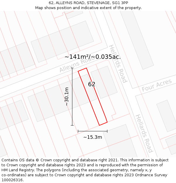 62, ALLEYNS ROAD, STEVENAGE, SG1 3PP: Plot and title map