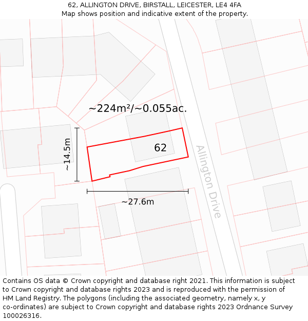 62, ALLINGTON DRIVE, BIRSTALL, LEICESTER, LE4 4FA: Plot and title map