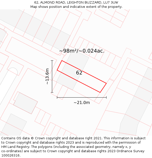 62, ALMOND ROAD, LEIGHTON BUZZARD, LU7 3UW: Plot and title map