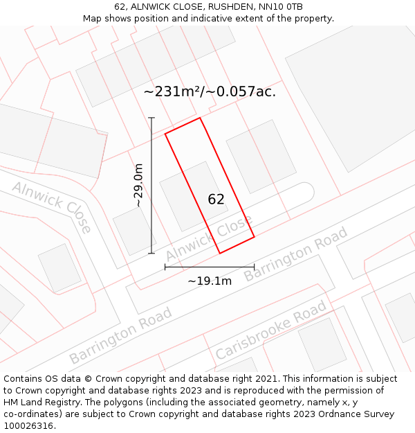 62, ALNWICK CLOSE, RUSHDEN, NN10 0TB: Plot and title map