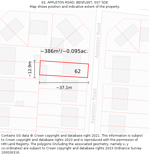 62, APPLETON ROAD, BENFLEET, SS7 5DE: Plot and title map