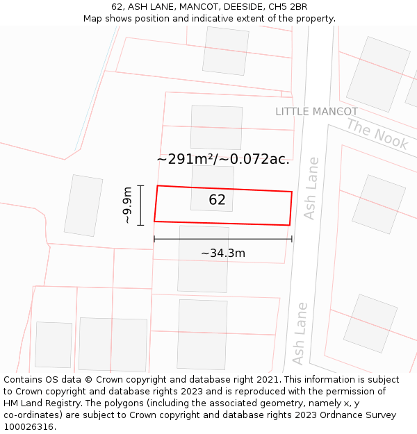 62, ASH LANE, MANCOT, DEESIDE, CH5 2BR: Plot and title map