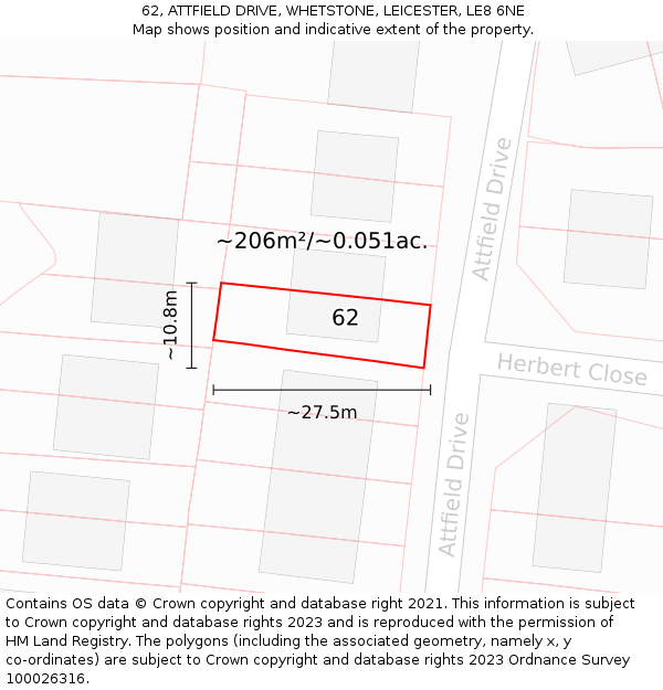 62, ATTFIELD DRIVE, WHETSTONE, LEICESTER, LE8 6NE: Plot and title map