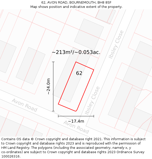 62, AVON ROAD, BOURNEMOUTH, BH8 8SF: Plot and title map