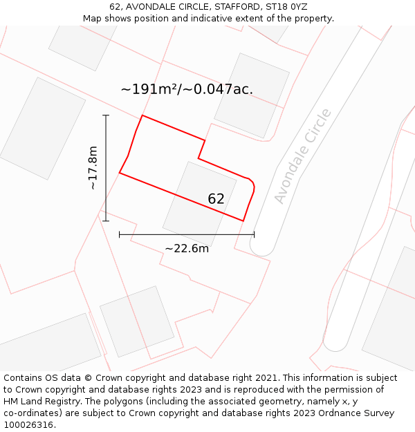 62, AVONDALE CIRCLE, STAFFORD, ST18 0YZ: Plot and title map