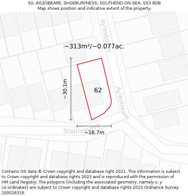 62, AYLESBEARE, SHOEBURYNESS, SOUTHEND-ON-SEA, SS3 8DB: Plot and title map