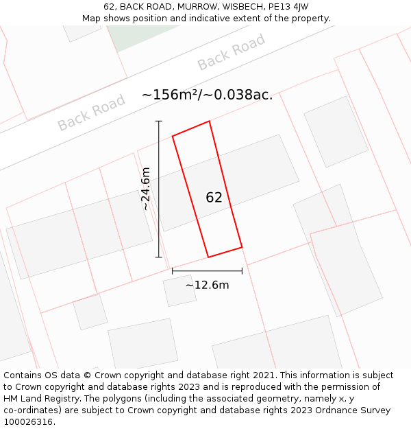 62, BACK ROAD, MURROW, WISBECH, PE13 4JW: Plot and title map