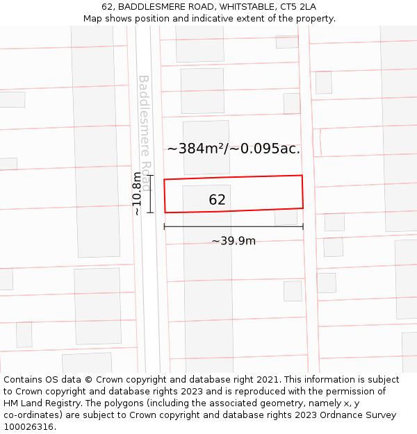 62, BADDLESMERE ROAD, WHITSTABLE, CT5 2LA: Plot and title map