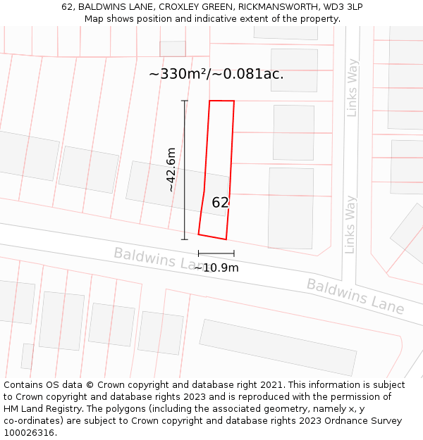 62, BALDWINS LANE, CROXLEY GREEN, RICKMANSWORTH, WD3 3LP: Plot and title map