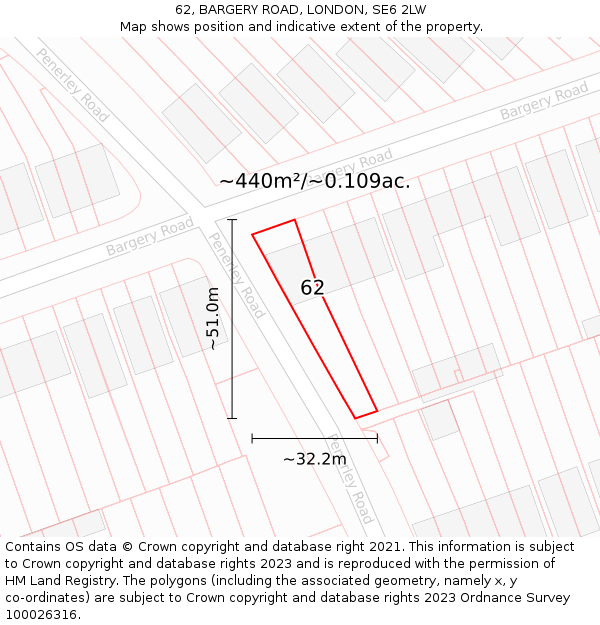 62, BARGERY ROAD, LONDON, SE6 2LW: Plot and title map