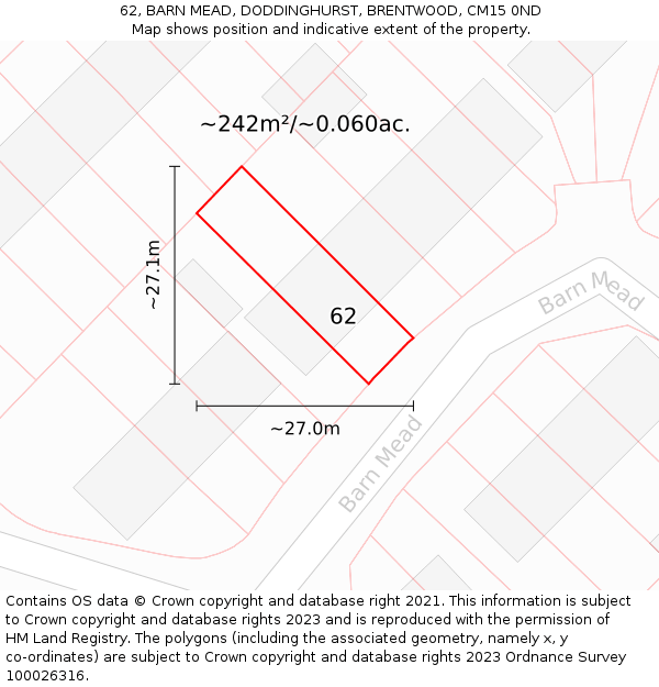 62, BARN MEAD, DODDINGHURST, BRENTWOOD, CM15 0ND: Plot and title map