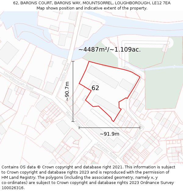 62, BARONS COURT, BARONS WAY, MOUNTSORREL, LOUGHBOROUGH, LE12 7EA: Plot and title map