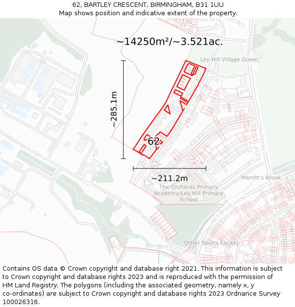 62, BARTLEY CRESCENT, BIRMINGHAM, B31 1UU: Plot and title map