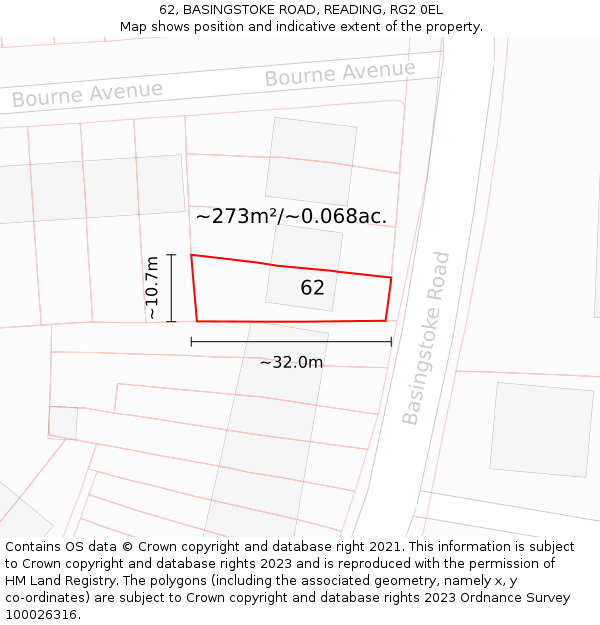 62, BASINGSTOKE ROAD, READING, RG2 0EL: Plot and title map