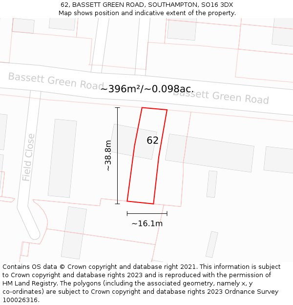 62, BASSETT GREEN ROAD, SOUTHAMPTON, SO16 3DX: Plot and title map