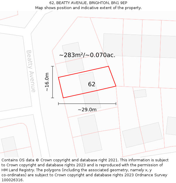 62, BEATTY AVENUE, BRIGHTON, BN1 9EP: Plot and title map