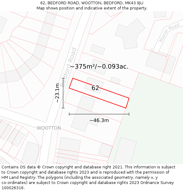 62, BEDFORD ROAD, WOOTTON, BEDFORD, MK43 9JU: Plot and title map