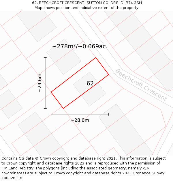 62, BEECHCROFT CRESCENT, SUTTON COLDFIELD, B74 3SH: Plot and title map