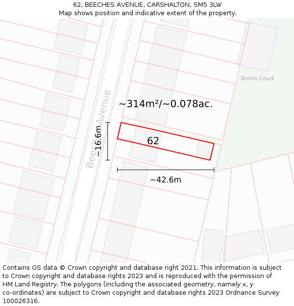 62, BEECHES AVENUE, CARSHALTON, SM5 3LW: Plot and title map