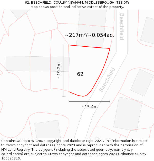 62, BEECHFIELD, COULBY NEWHAM, MIDDLESBROUGH, TS8 0TY: Plot and title map