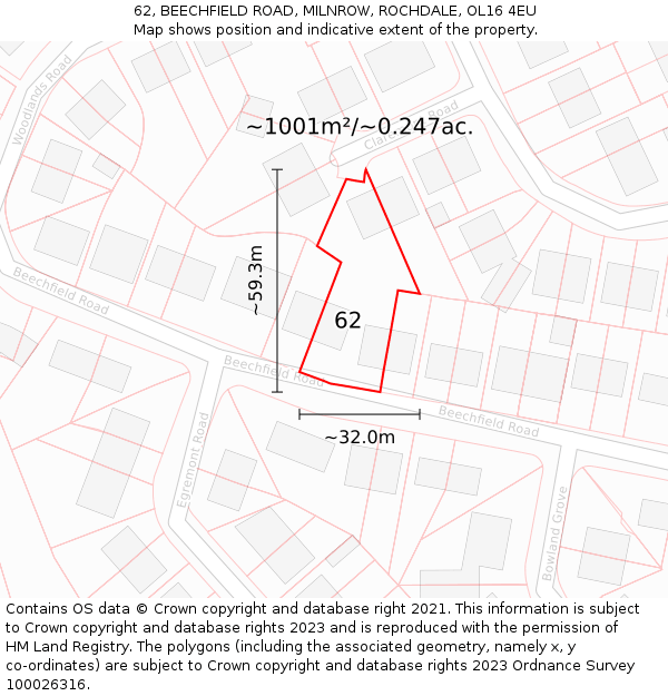 62, BEECHFIELD ROAD, MILNROW, ROCHDALE, OL16 4EU: Plot and title map