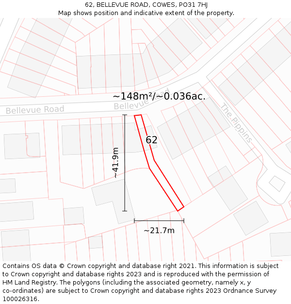 62, BELLEVUE ROAD, COWES, PO31 7HJ: Plot and title map