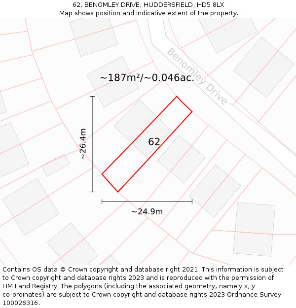 62, BENOMLEY DRIVE, HUDDERSFIELD, HD5 8LX: Plot and title map