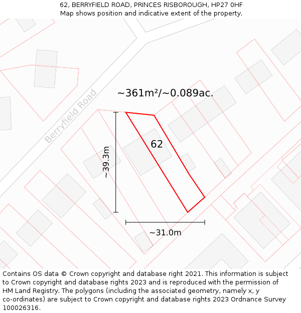62, BERRYFIELD ROAD, PRINCES RISBOROUGH, HP27 0HF: Plot and title map