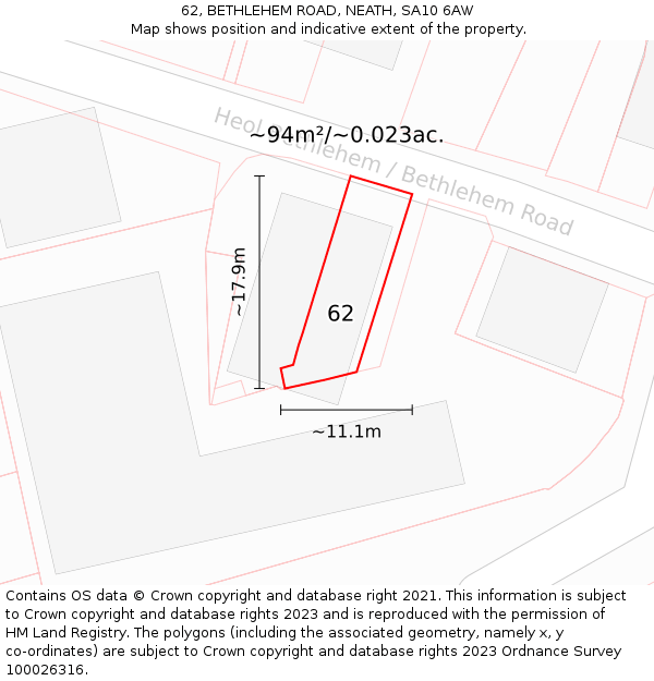 62, BETHLEHEM ROAD, NEATH, SA10 6AW: Plot and title map