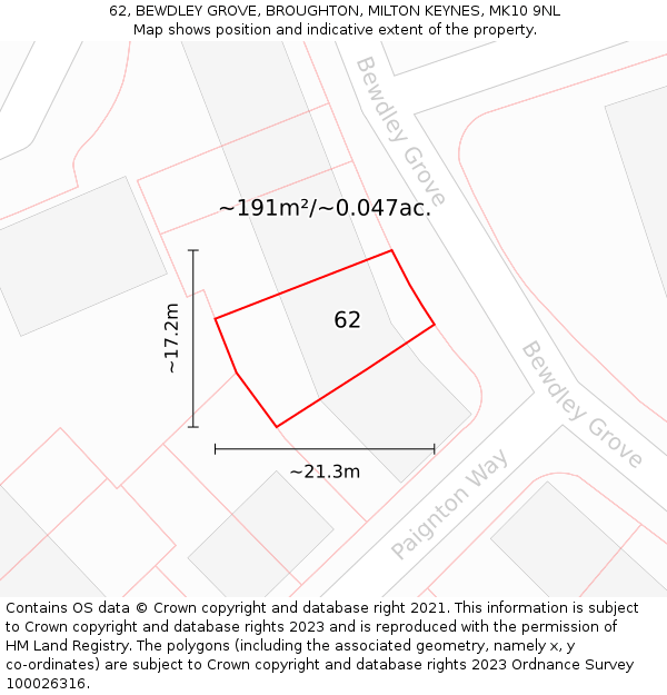 62, BEWDLEY GROVE, BROUGHTON, MILTON KEYNES, MK10 9NL: Plot and title map
