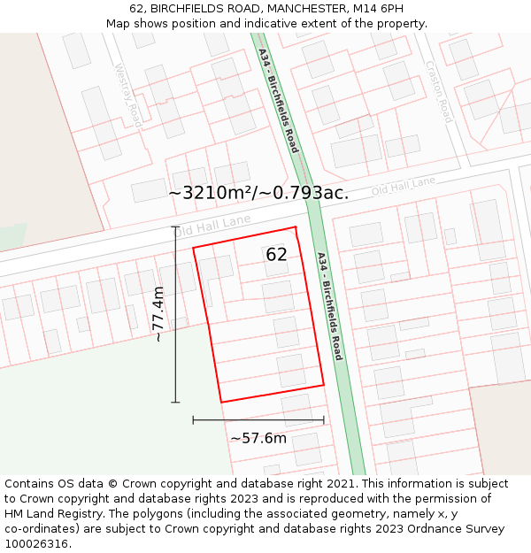 62, BIRCHFIELDS ROAD, MANCHESTER, M14 6PH: Plot and title map