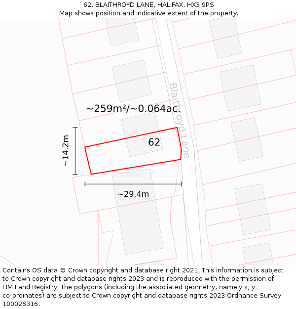 62, BLAITHROYD LANE, HALIFAX, HX3 9PS: Plot and title map