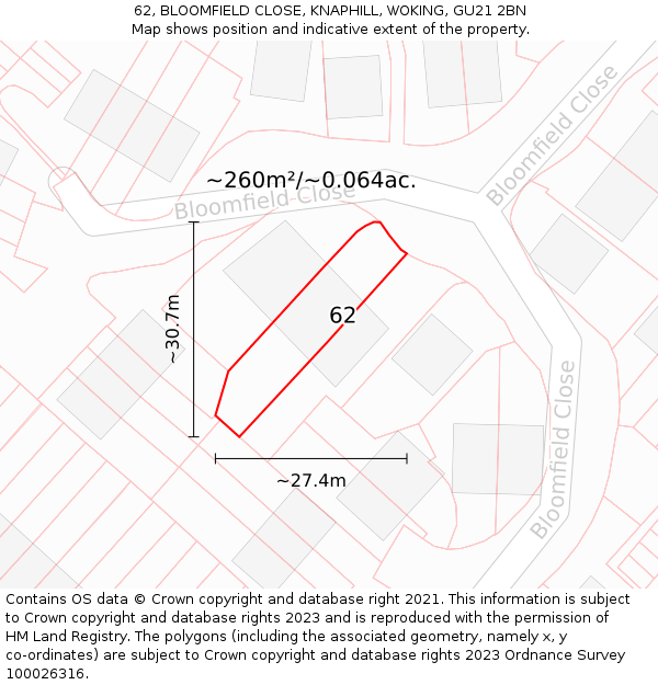 62, BLOOMFIELD CLOSE, KNAPHILL, WOKING, GU21 2BN: Plot and title map
