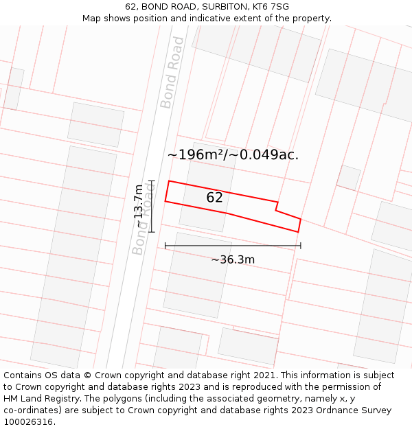 62, BOND ROAD, SURBITON, KT6 7SG: Plot and title map