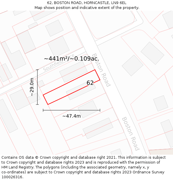 62, BOSTON ROAD, HORNCASTLE, LN9 6EL: Plot and title map