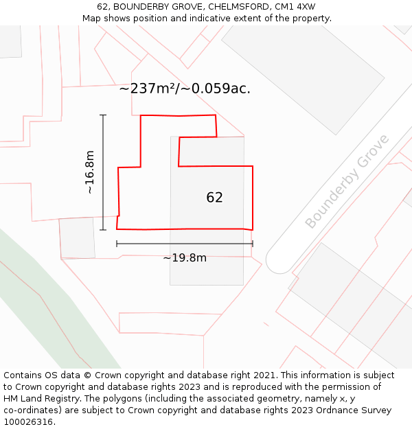 62, BOUNDERBY GROVE, CHELMSFORD, CM1 4XW: Plot and title map
