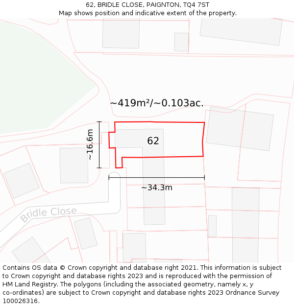 62, BRIDLE CLOSE, PAIGNTON, TQ4 7ST: Plot and title map