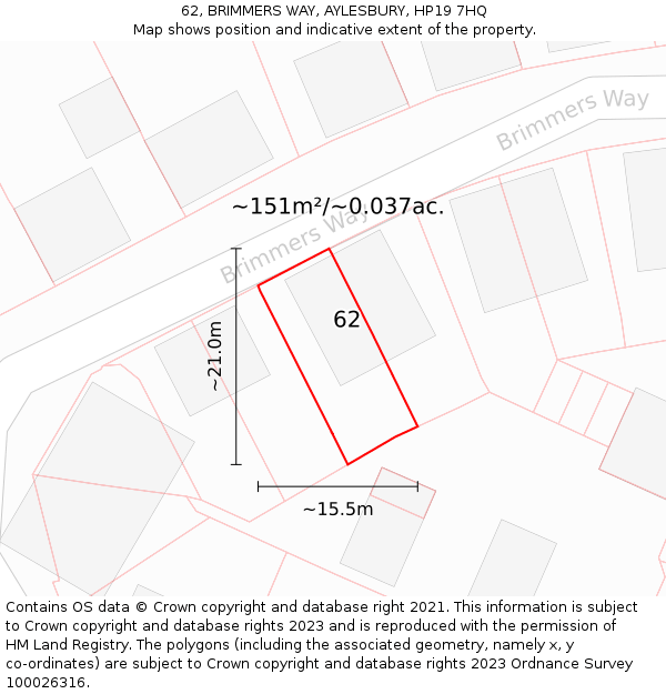 62, BRIMMERS WAY, AYLESBURY, HP19 7HQ: Plot and title map