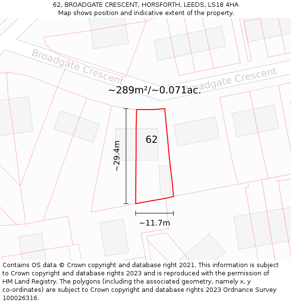 62, BROADGATE CRESCENT, HORSFORTH, LEEDS, LS18 4HA: Plot and title map