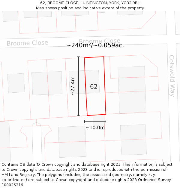 62, BROOME CLOSE, HUNTINGTON, YORK, YO32 9RH: Plot and title map