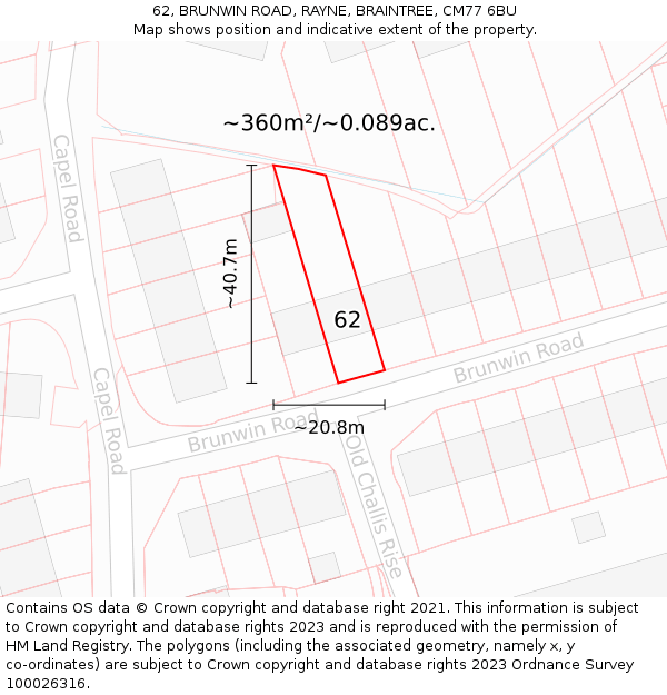 62, BRUNWIN ROAD, RAYNE, BRAINTREE, CM77 6BU: Plot and title map