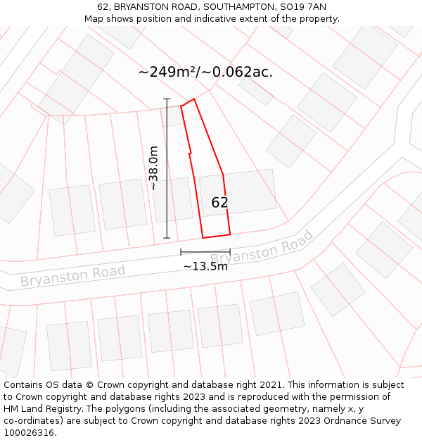 62, BRYANSTON ROAD, SOUTHAMPTON, SO19 7AN: Plot and title map