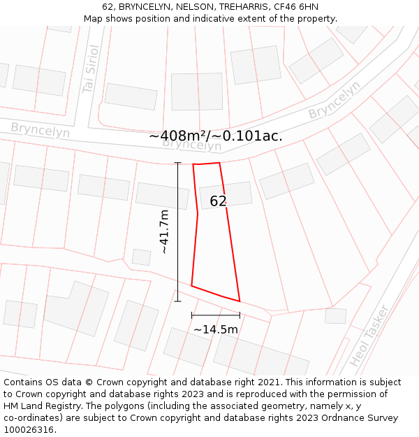 62, BRYNCELYN, NELSON, TREHARRIS, CF46 6HN: Plot and title map
