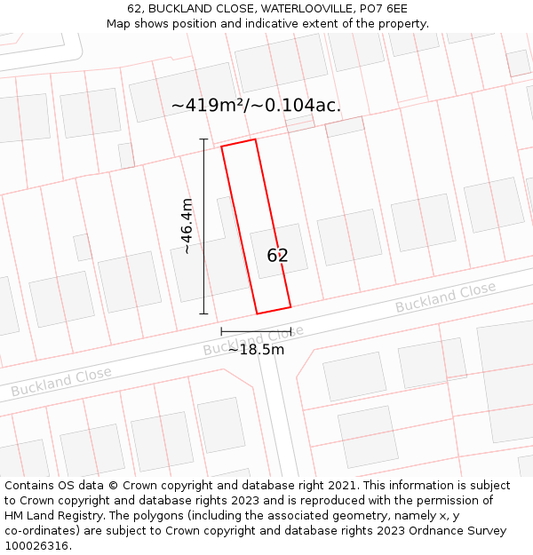 62, BUCKLAND CLOSE, WATERLOOVILLE, PO7 6EE: Plot and title map
