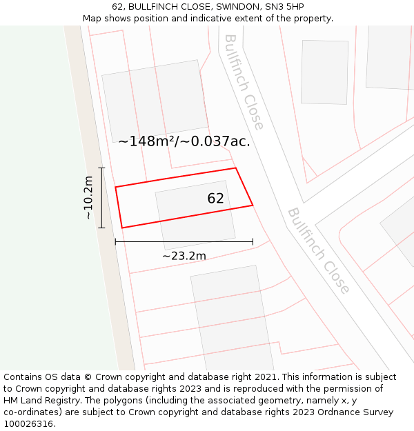 62, BULLFINCH CLOSE, SWINDON, SN3 5HP: Plot and title map