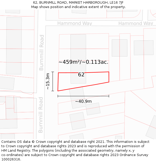 62, BURNMILL ROAD, MARKET HARBOROUGH, LE16 7JF: Plot and title map