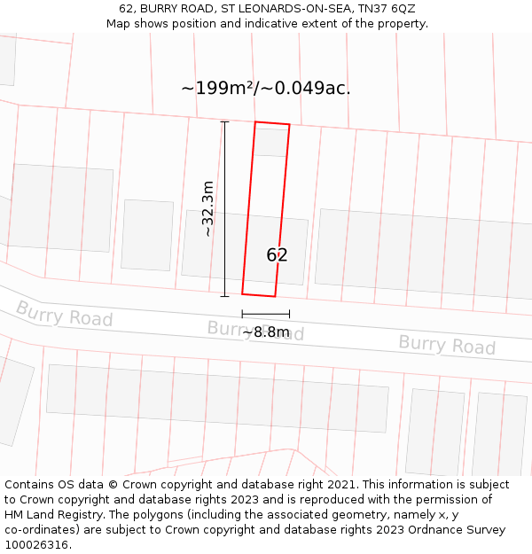 62, BURRY ROAD, ST LEONARDS-ON-SEA, TN37 6QZ: Plot and title map
