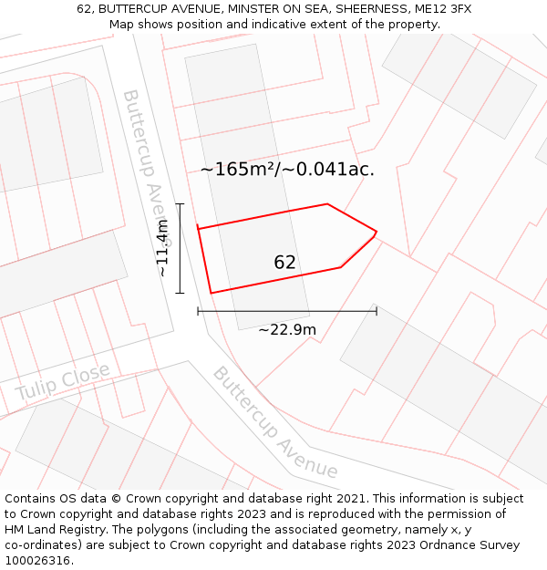 62, BUTTERCUP AVENUE, MINSTER ON SEA, SHEERNESS, ME12 3FX: Plot and title map